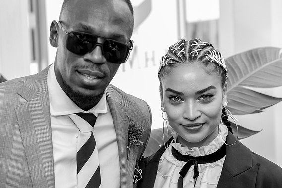 Usain Bolt and Shania Sheik at the Mumm Yacht Club during the Melbourne Cup carnival for Mumm Champagne