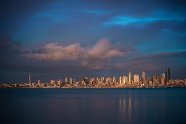 Color photography of downtown Seattle sunset
