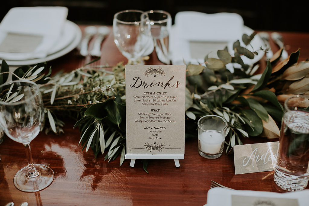 Rustic wedding drinks menu - front view