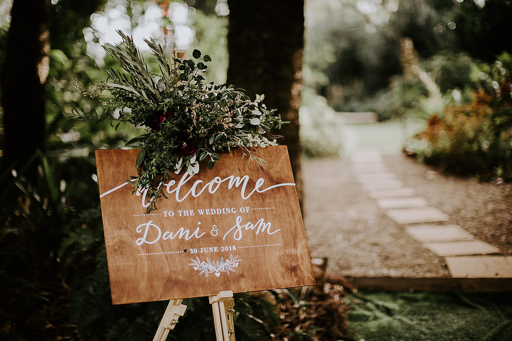 Hand painted rustic wooden wedding sign - close view