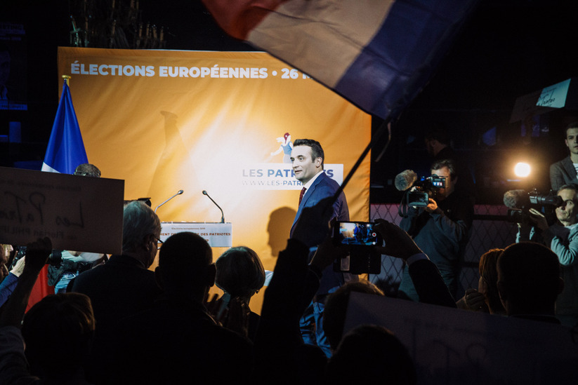 Meeting de lancement de campagne des Patriotes aux Européennes, à Paris le 31 mars 2019. Florian Philippot