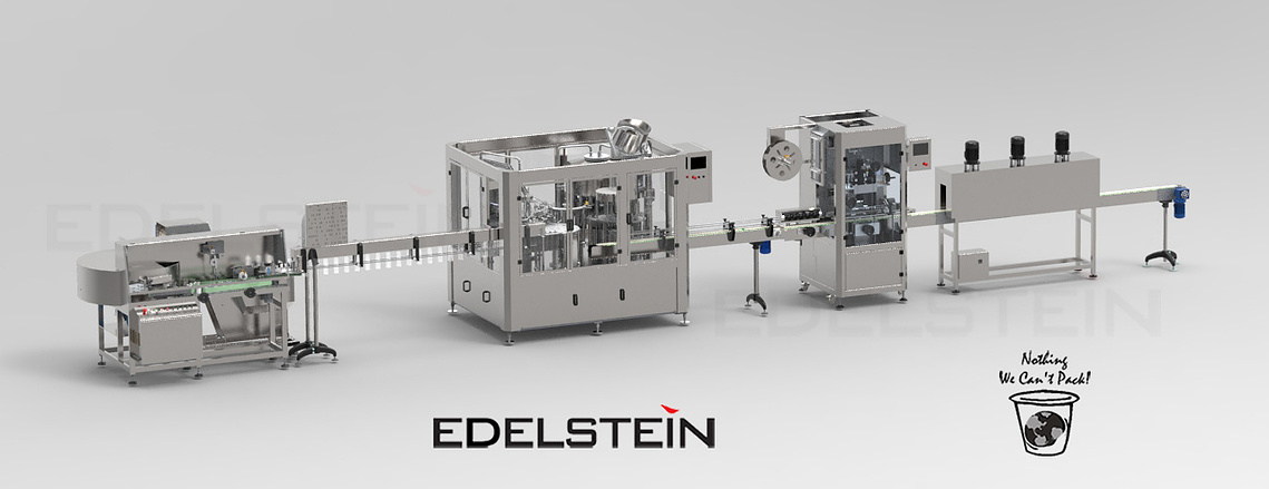 PET Bottle Filling Line for Drinking Water:  Bottle Unscramler + Rotary Bottle Rinsing-Filling-Screw Capping Machine + Bottle Shrink Labeling Machine