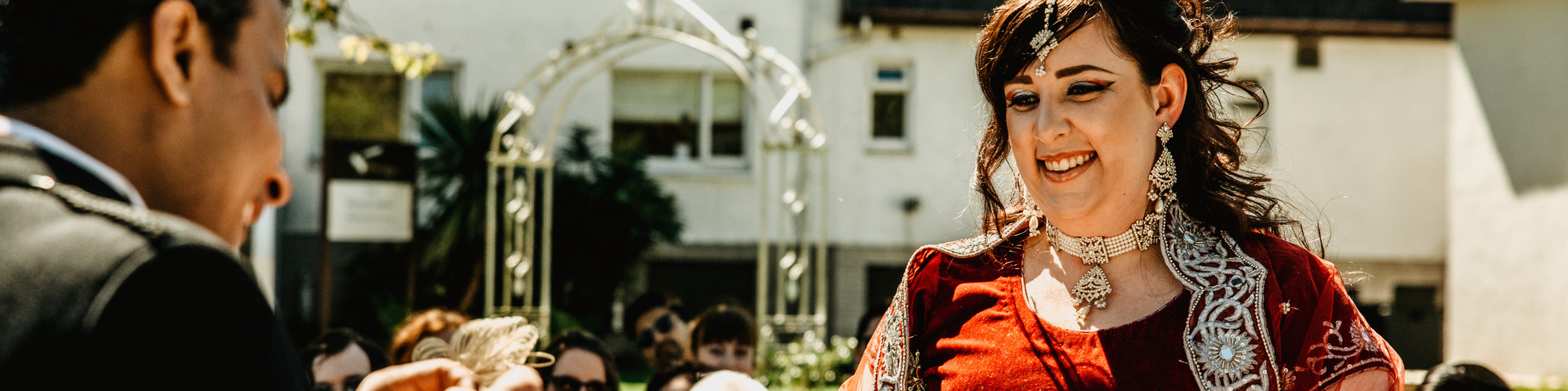 Hindu Indian wedding ceremony with bride and groom in outdoor ceremony.
