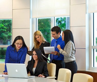 Group of lawyers in an office, viewing a laptop and notes