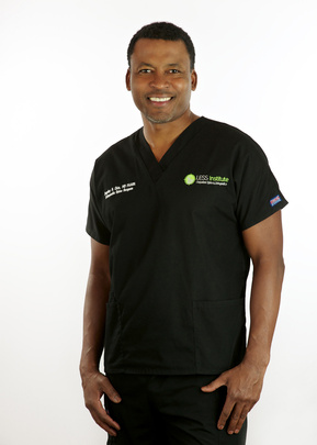 Attractive black spine specialist doctor in dark scrubs