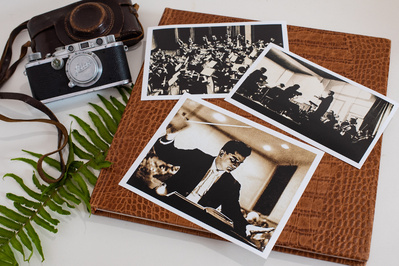 Leather album, Leica camera and old B&W family photos