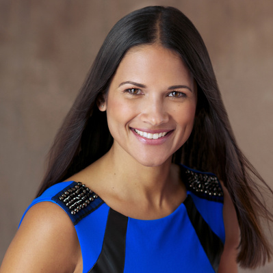 Beautiful exotic female Studio Headshot in bright blue & black sleeveless dress