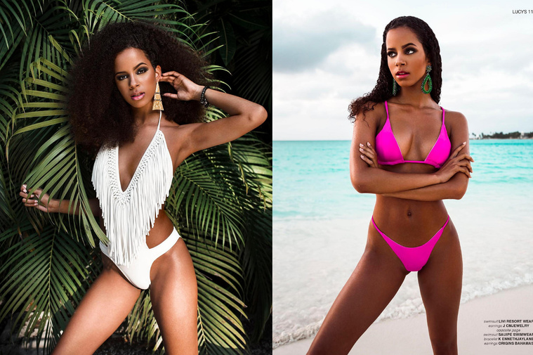Photography in the Bahamas for LUCY'S Fashion Magazine, swimwear model Jessica photographed by Robyn Damianos. The model is wearing a white swimsuit and a pink bikini for Sports illustrated Swimwear SI Swim