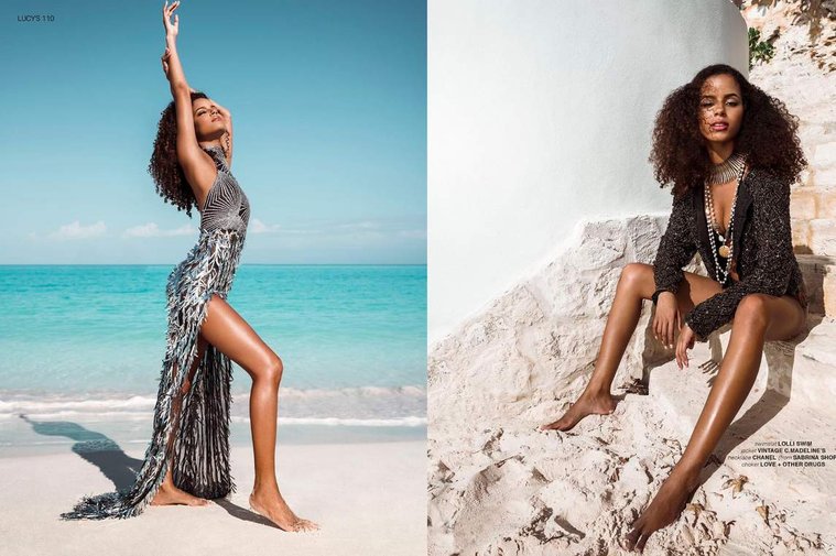 Bahamas Fashion photoshoot for LUCY'S Magazine at the beach featuring Bahamian model Jessica Frances Thompson. Bahamas fashion photography by Robyn Damainos.