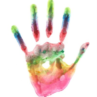 Multicoloured rainbow handprint on white background  