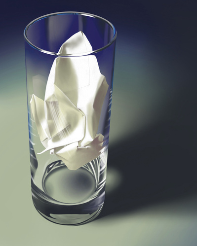 Crumpled paper in glass. Photoshop.