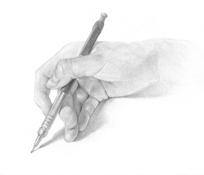 Hand holding drafting pencil. Graphite.