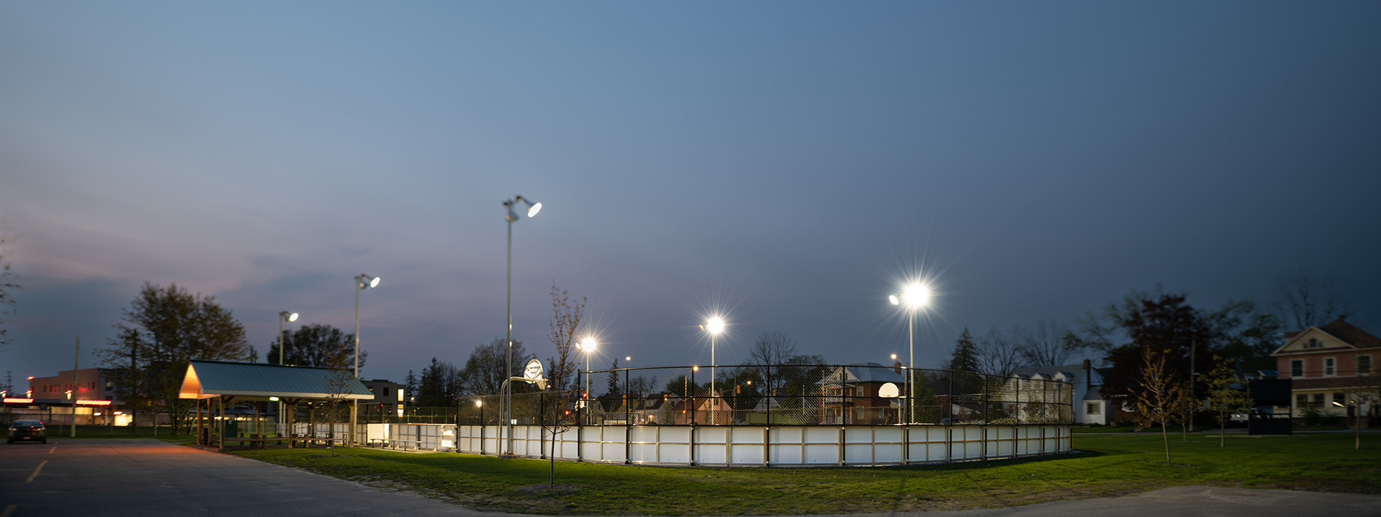 Smiths Falls Ontario Rink of Dreams during blue hour by architectural photographer Frank Fenn of IDEA3 Photography