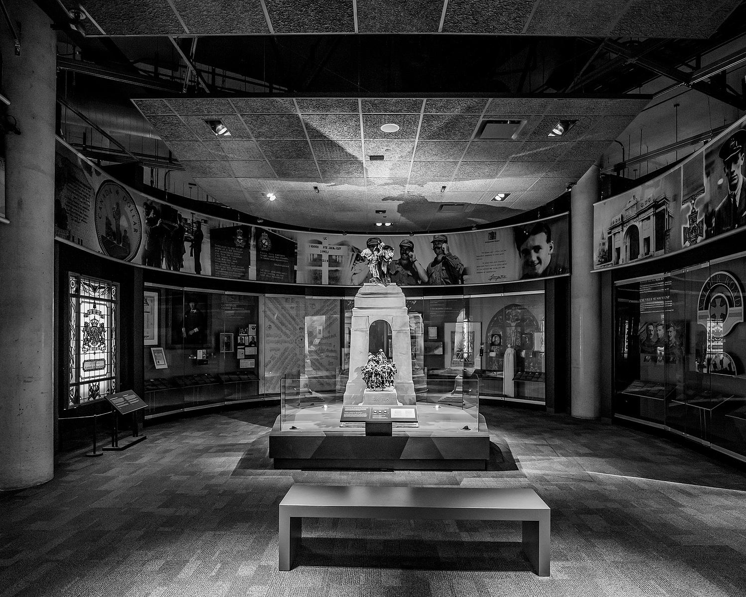 Canadian War Museum war memorial display in black at white by Frank Fenn