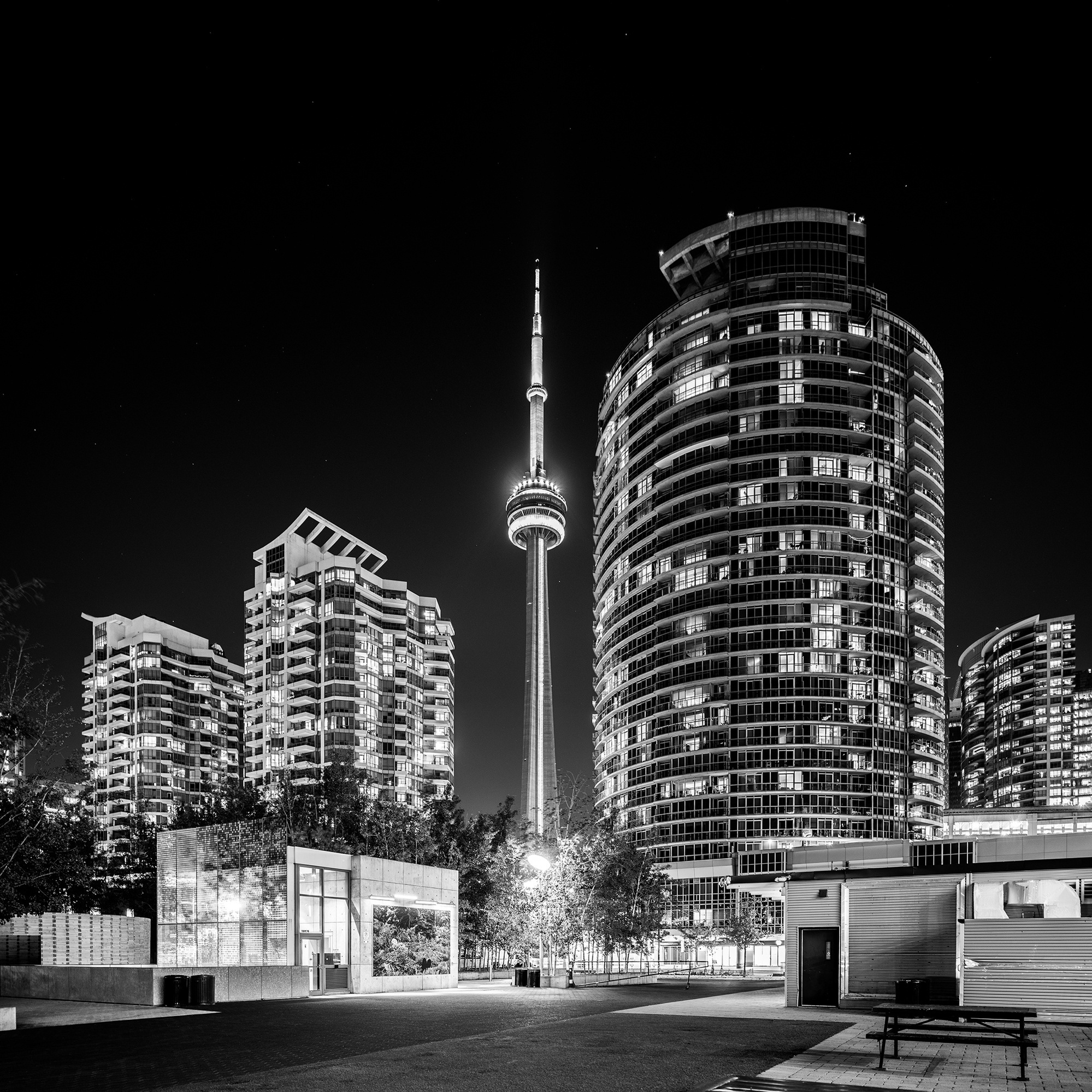 Photograph of CN Tower and condos in black and white from the Toronto Waterfront by Ontario Architectural  Photographer Frank Fenn IDEA3