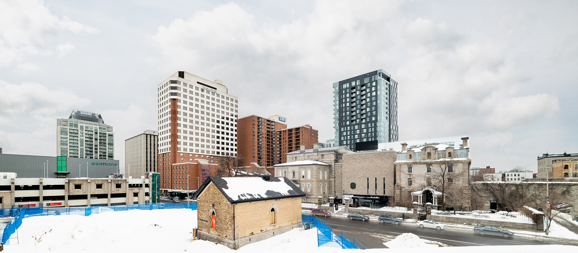 Panoramic image of Simons, Novotel and Youth Hostel in Ottawa in winter by Frank Fenn Architectural Photographer