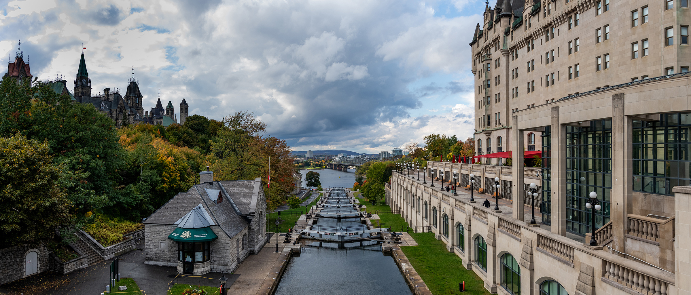 Rideau Canal locks at Ottawa River parliament hill and Chateau Laurier framing locks