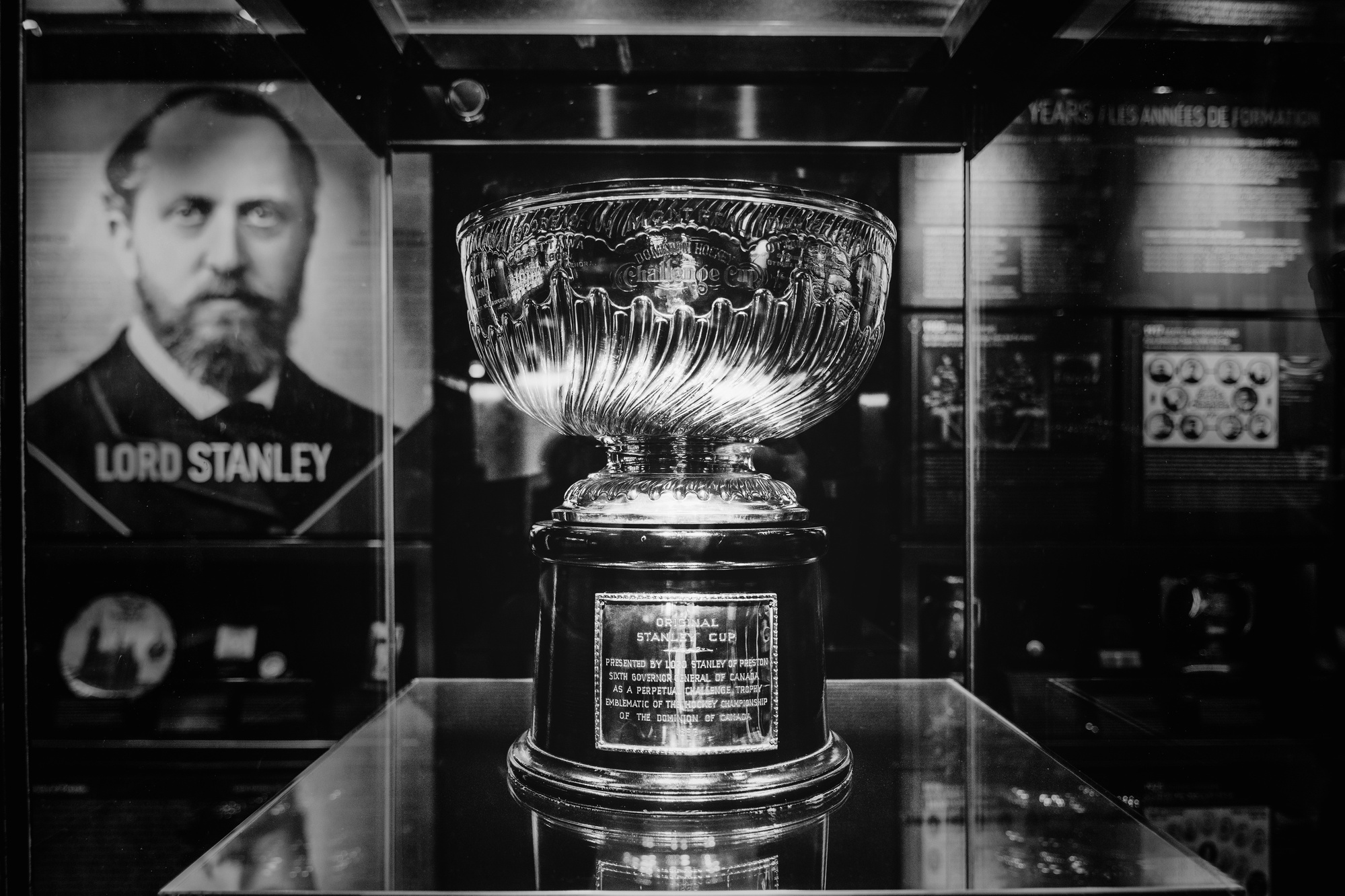 The Stanley Cup in its permanent home at the Hockey Hall of Fame in black & white by Frank Fenn