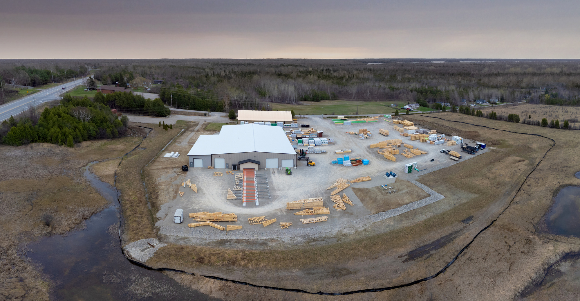 Aerial Drone Photograph of factory outside Smiths Falls Ontario by Architectural photographer Frank Fenn