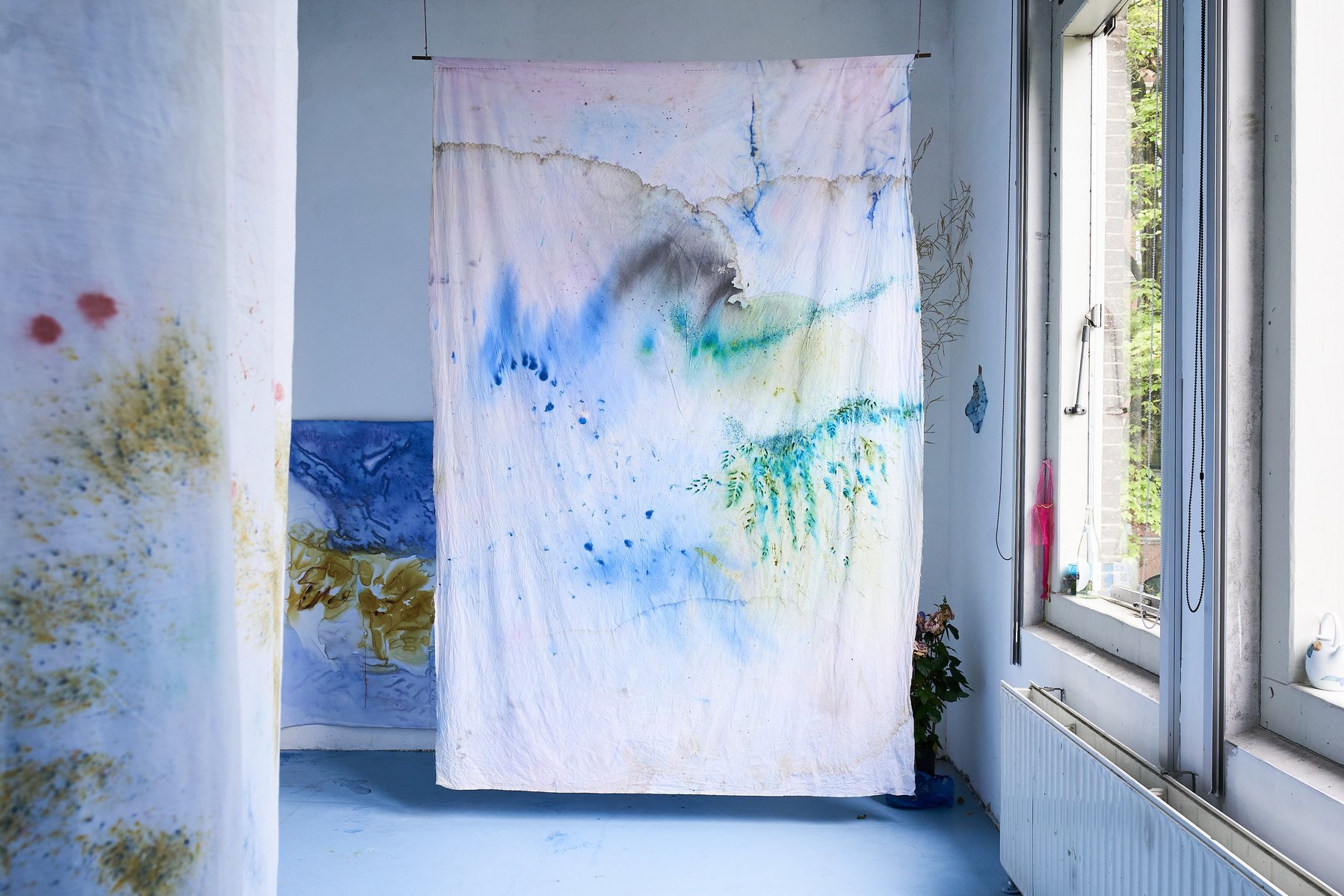 Morning Dew, Acrylic paint, acrylic ink, indian ink, hibiscus, salt and sequins on cotton, 190 x 285cm