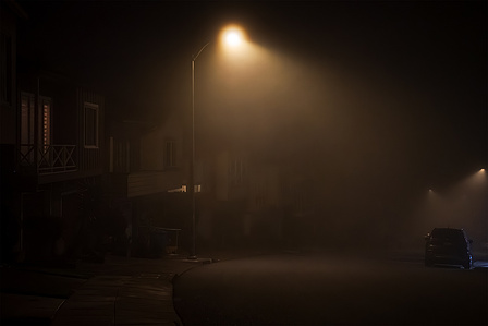 Eerie fog descends on a neighborhood near Mount Sutro, leaving little visibility except under street lights.
