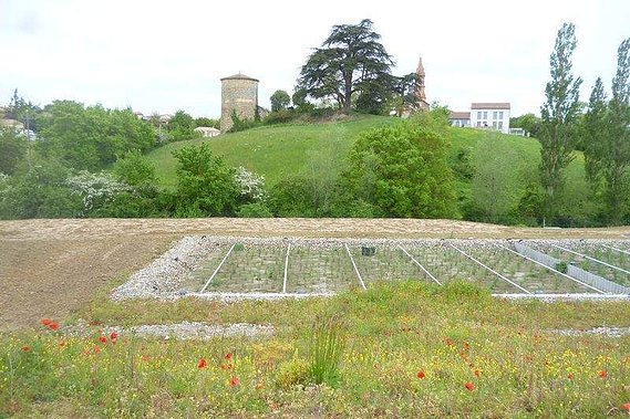 Aménagement paysagé d'une station d'épuration avec prairie fleurie 