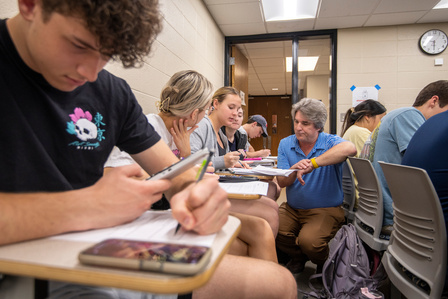 Dr. Jason Ritchie, the 2023 Elise M. Hood Award recipient interacting with his students in a freshman chemistry class at Coutler Hall, Wednesday, April 5, 2023. Photo by Srijita Chattopadhyay&amp;amp;amp;amp;#x2F; Ole Miss Digital Imaging Services