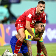 Gabriel Jesus of Brazil and Granit Xhaka of Switzerland, Brazil v Switzerland, FIFA World Cup 2022, Group G, Football, Stadium 974, Doha, Qatar - 28 Nov 2022, Michael Zemanek/Shutterstock