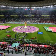 The Players Line up before the game, Morocco v Portugal, FIFA World Cup 2022, Quarter Final, Football, Al Thumama Stadium, Doha, Qatar - 10 Dec 2022,Michael Zemanek/Shutterstock