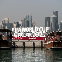 A general view of the Diplomatic Area buildings and Dhow boats,the Corniche Promenade, Doha, Qatar