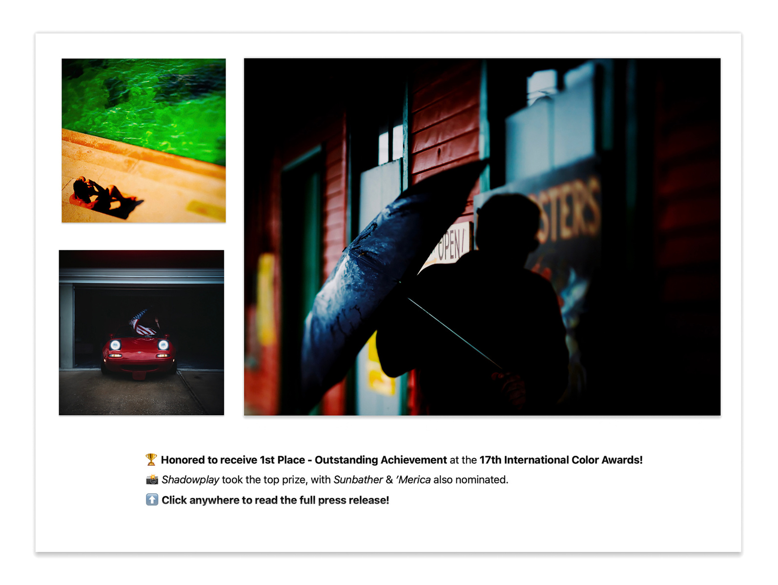 Internationally acclaimed commercial and fine art photographer, Steven Vote, captures top honors at the 17th Annual International Color Awards, securing 1st Place - Outstanding Achievement for his striking image, Shadowplay (Rhapsody in Rain)