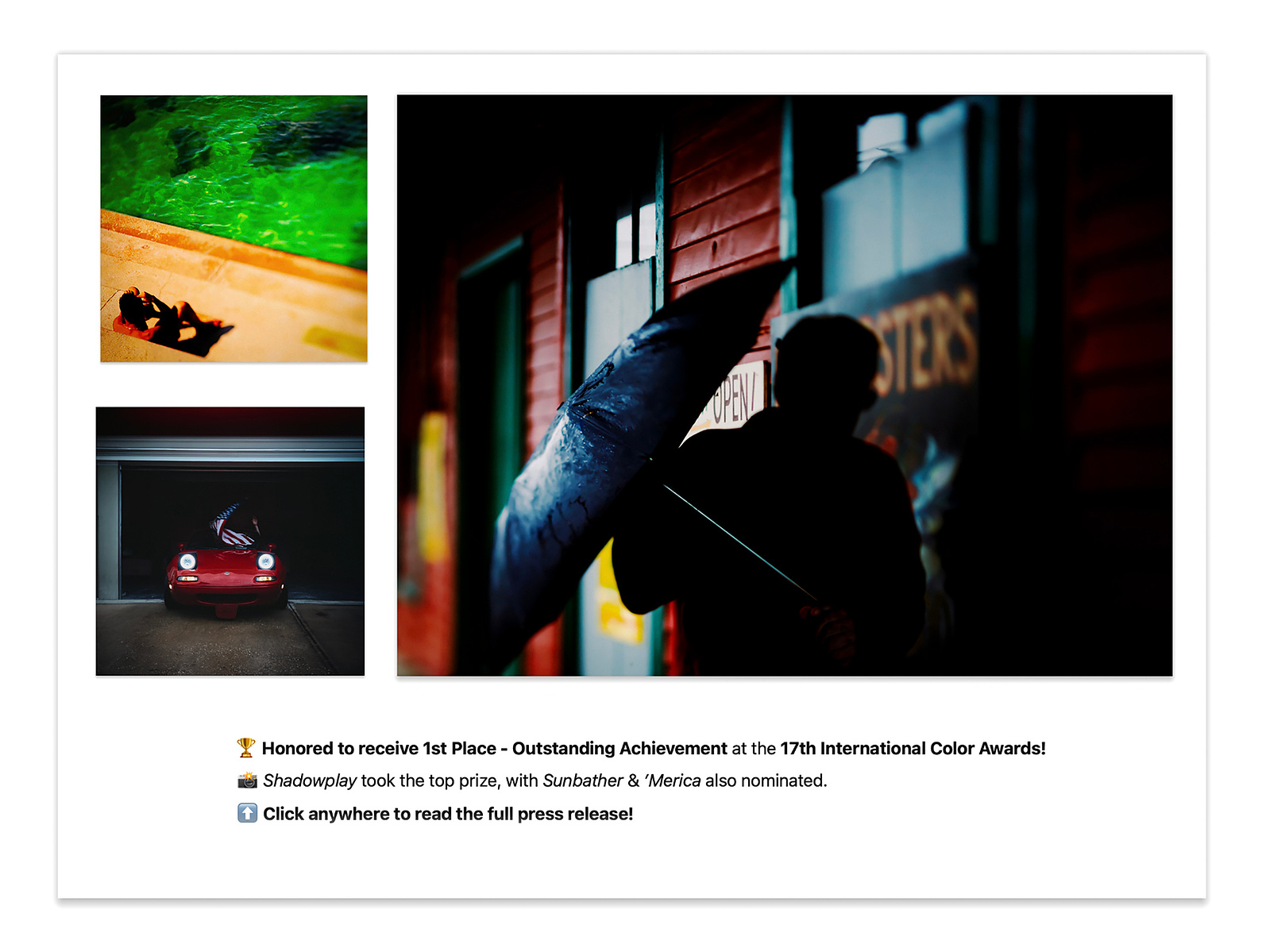 Internationally acclaimed commercial and fine art photographer, Steven Vote, captures top honors at the 17th Annual International Color Awards, securing 1st Place - Outstanding Achievement for his striking image, Shadowplay (Rhapsody in Rain)