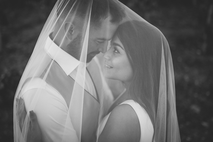 pareja de novios abrazados con el velo por encima