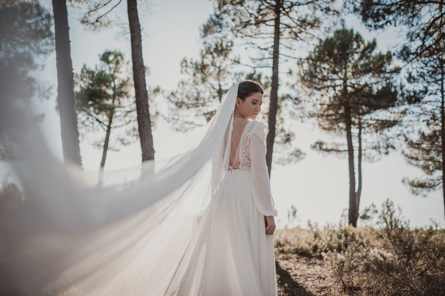retrato de una novia con la cola del vestido extendida