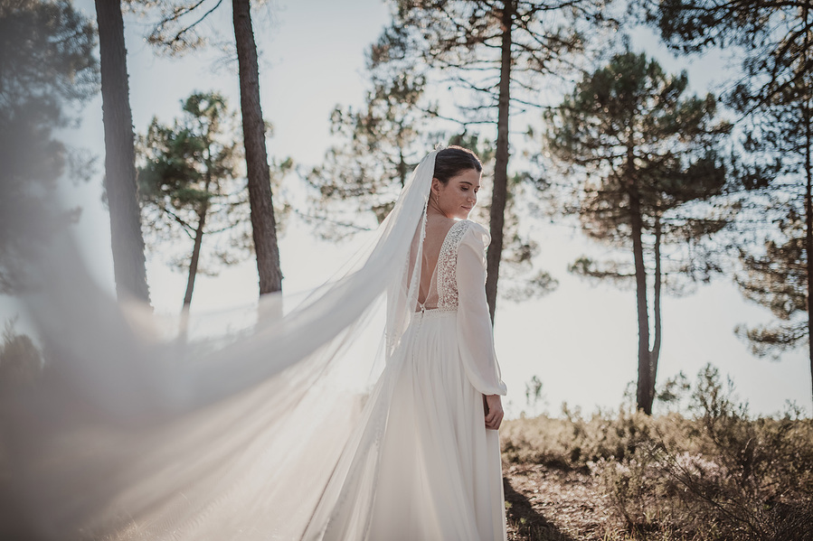 retrato de una novia con la cola del vestido extendida