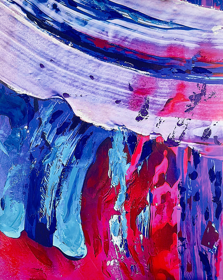 Justin Menendez - Let It Rain (2025) - Vertical drip abstract painting - Neon pink and blue