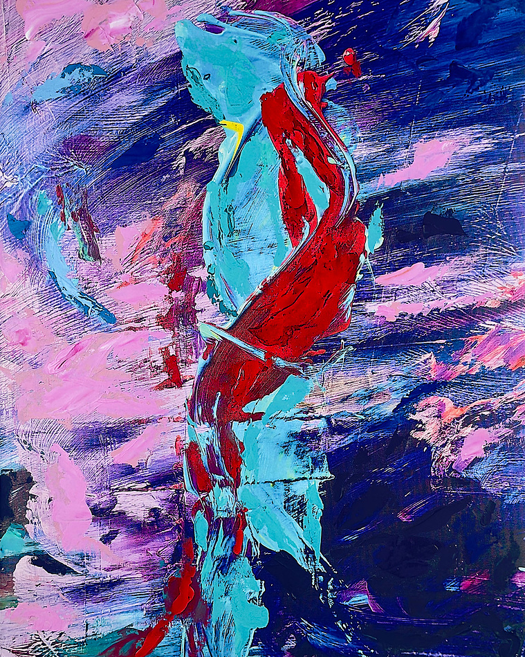 Justin Menendez - Schism (2025) - Vertical abstract composition - Teal and red