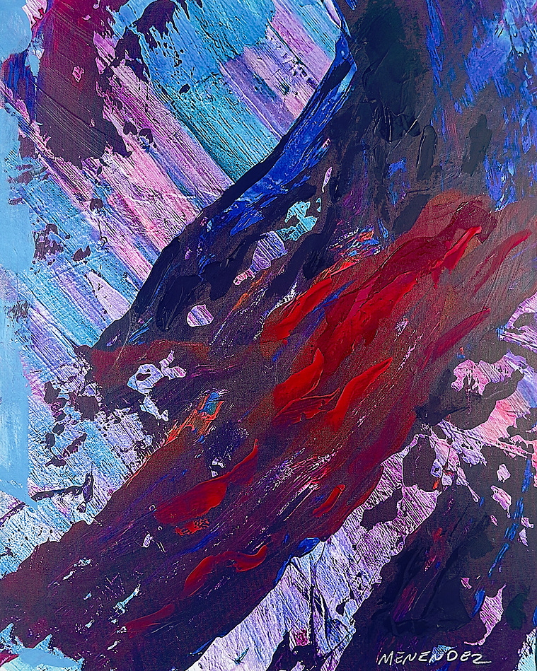 Justin Menendez - Schizoaffective (2024) - Abstract gesture painting - Red and purple on silver blue.