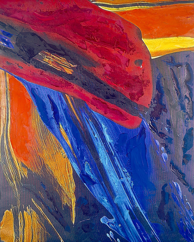 Justin Menendez - One Fish Two Fish (2025) - Geometric abstract painting - Red on deep blue