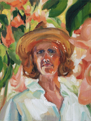 Self portrait of Sarah Waghorn in oil paint showing the artist in Wendy Whitely's Garden in Lavender Bay, Sydney NSW