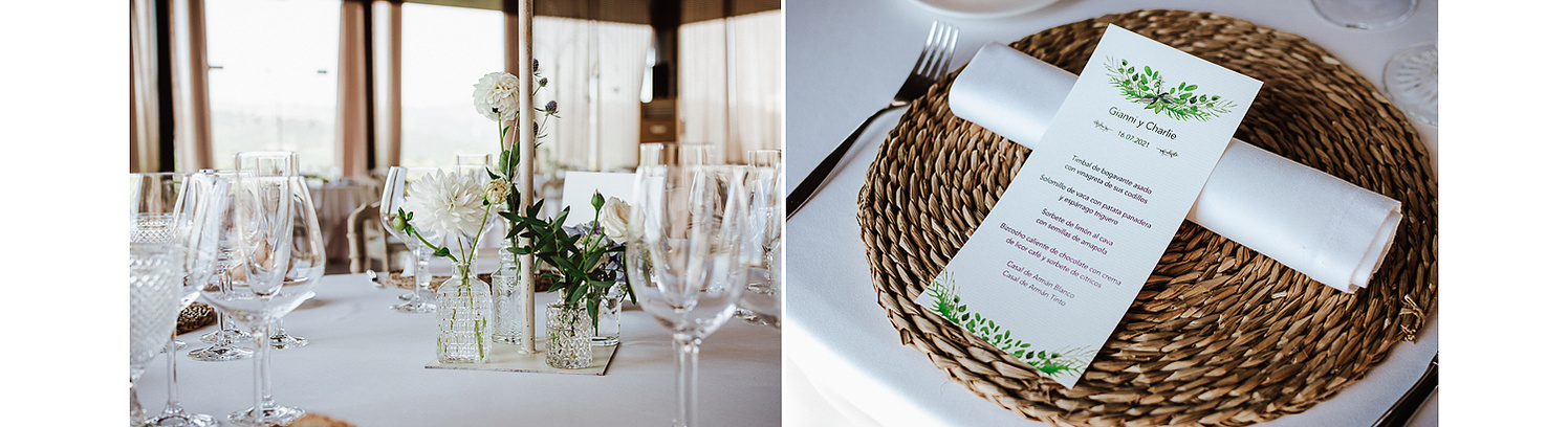Decoración convite de boda. Menú original. Centro floral mesa de boda en Ourense, Casal de Arman