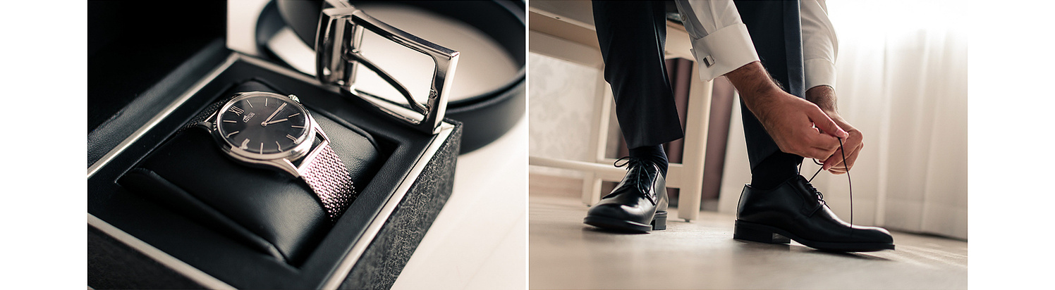 Preparativos novio con zapatos, reloj de lujo y cinturon 