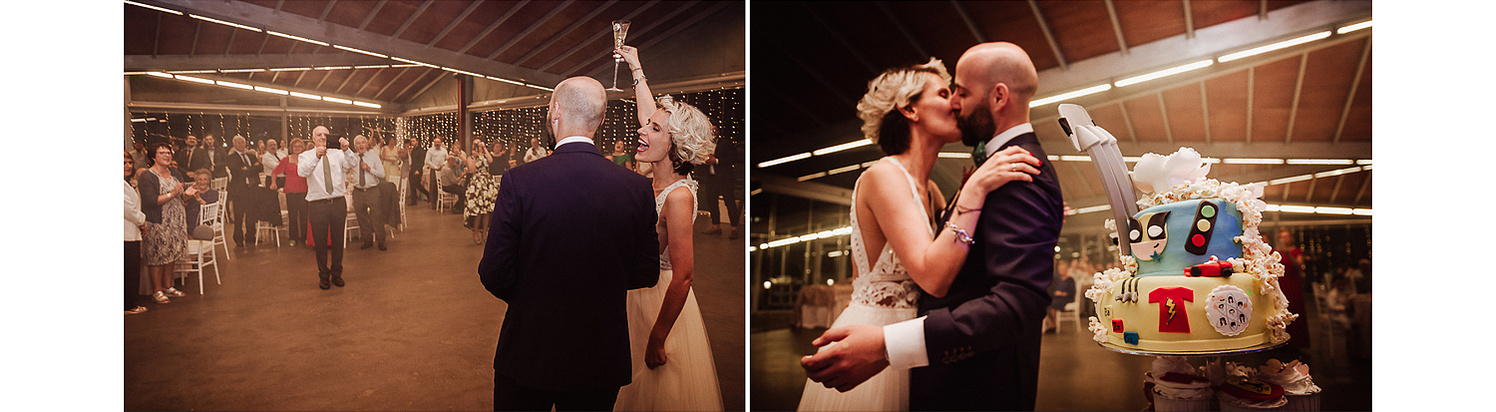 Entrada de los novios al banquete de boda, brindis con champan y corte de tarta x-men con garras lobezno
