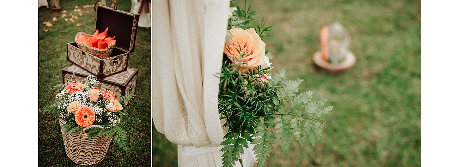 Decoracion flores naranjas en jardin para ceremonia de boda al aire libre