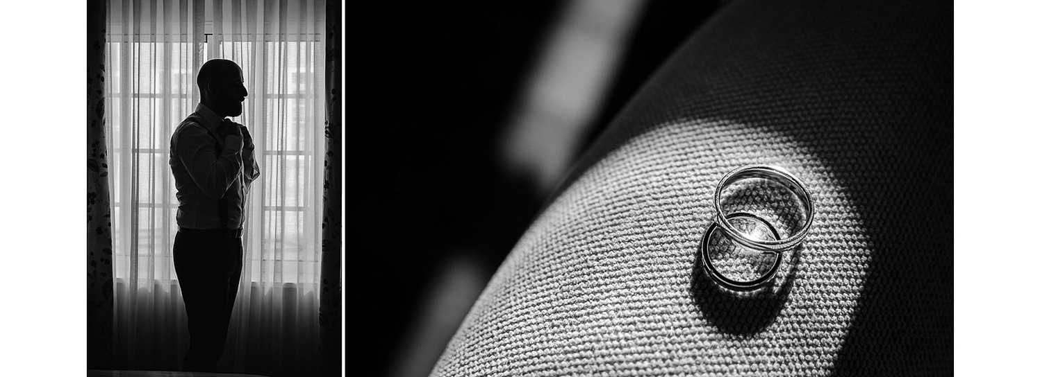 Fotografías de boda en blanco y negro, el novio a contraluz en la ventana y alianza de boda