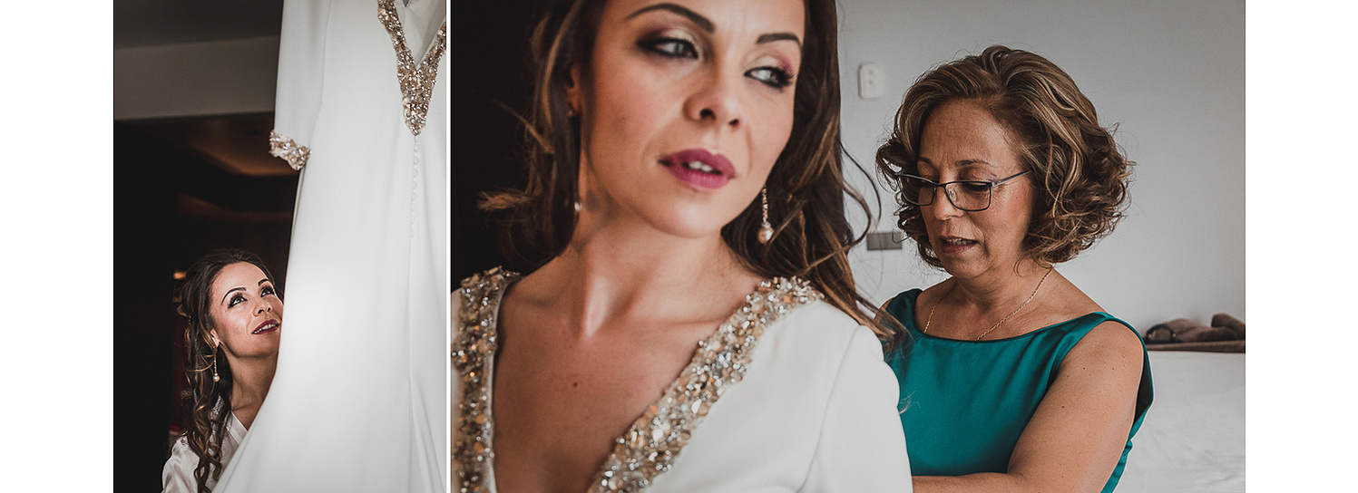 Vestido de novia blanco con cola durante los preparativos de la boda