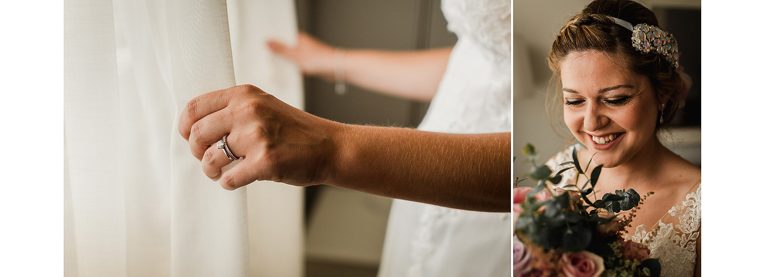 Fotografía de boda de novia feliz mirando su ramo de flores con tocado