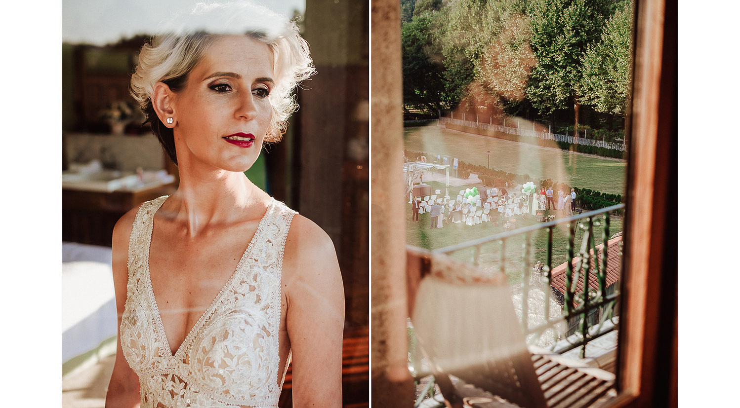 Novia guapa rubia con vestido de boda blanco con encaje hecho en Galicia mira por la ventana y se ve su reflejo