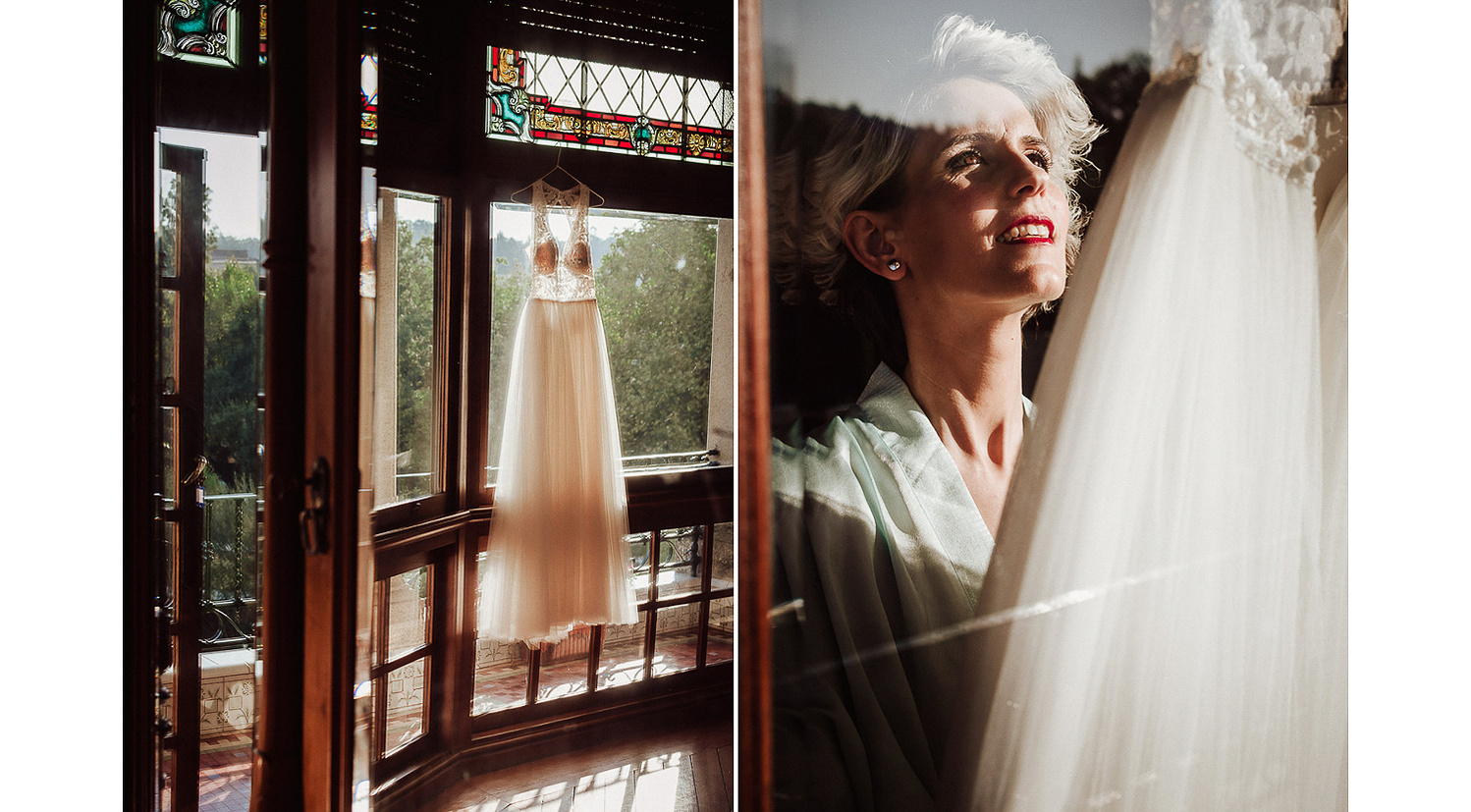 Chica mira su vestido de novia blanco con encaje hecho en Galicia antes de la boda  en Castro do Balneario