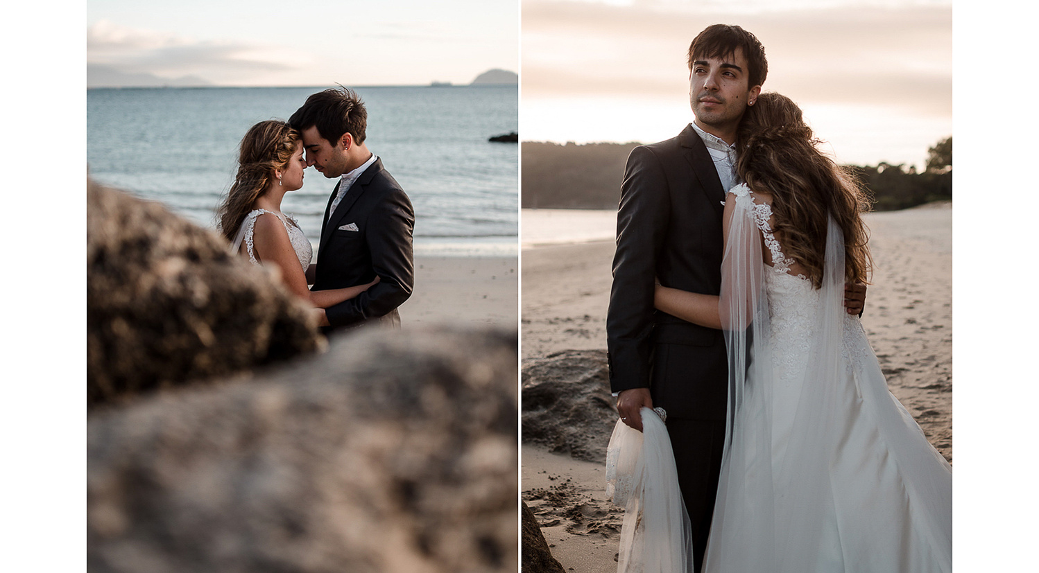 Ideas de fotos de post boda en la playa en Galicia con  novios muy enamorados